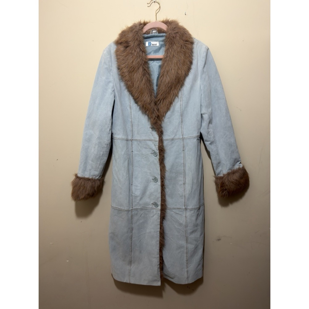 Vintage 90s B. Lucid Light Blue Suede "Penny Lane" Afghan Duster Coat Size Large